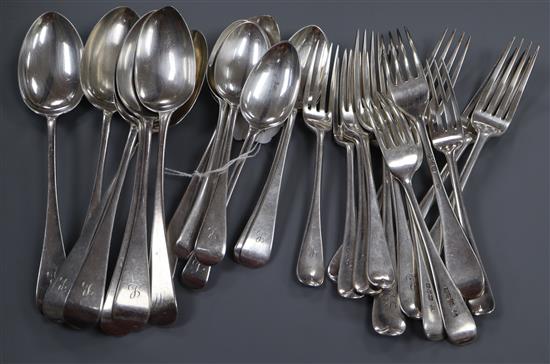 A matched silver Old English pattern part service of flatware, initialled, George III and later, 50.5 oz.